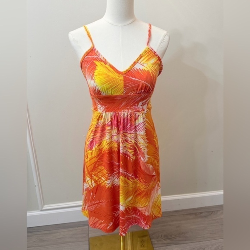 Tori Richard Orange, Yellow & White Tropical Spaghetti Strap Mini Dress